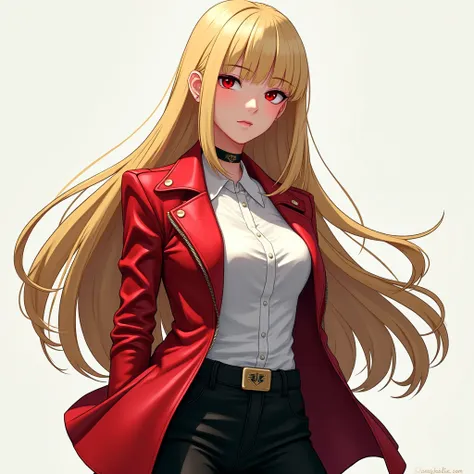 → My Hero Academia oc Girl with long straight blond hair, red eyes, Black pants, White long-sleeved shirt and Red Leather jacket