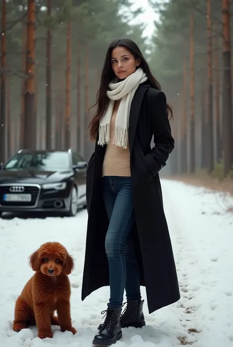 ((((Mary Alto)))), 22 years old, a sexy-curvy woman, long black hair, wearing dark blue, tight, long jeans, a beige wool sweater, a red wool poodle, a long black winter jacket, a white scarf, on a forest path in the pine forest, there is a black Audi on th...