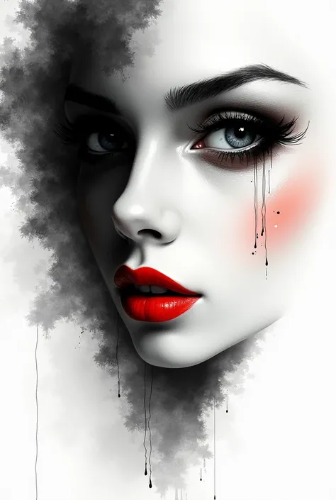 A mesmerizing monochromatic watercolor portrait of a woman with an intense gaze and fiery red lips. The right side of her face is depicted in intricate detail, while the left side is shrouded in mystery, appearing as a blank canvas. The fiery red lips cont...