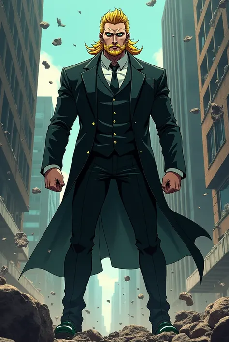 Anime Male,black suit,eye green,blonde mullet haircut,tictac shoes,infamous boss evil, rage mode, facial hair , super strength,lift the building 