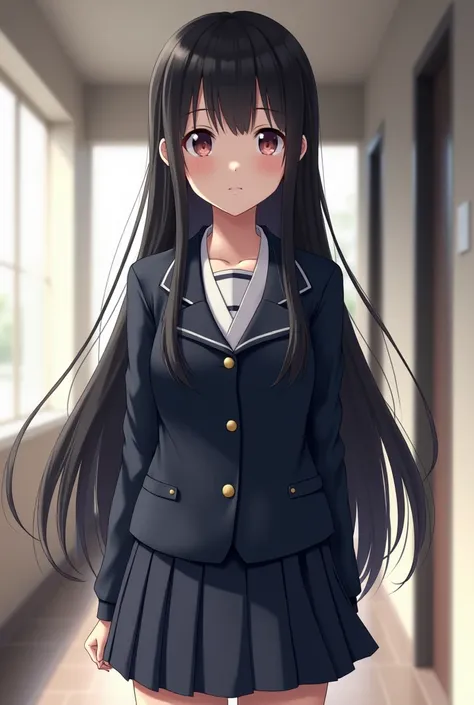  Anime long and black hair and wears school clothes 
Notes : her cheeks should not be red 