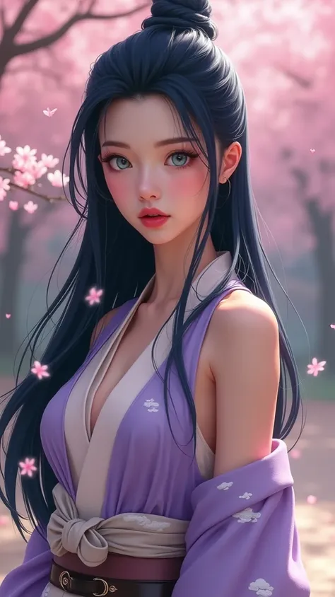 This is a digital painting in a highly detailed, hyper-realistic style. The subject is a young woman with fair skin and long, flowing black hair that cascades down her back. She has striking, large green eyes and full lips painted with a subtle pink color....