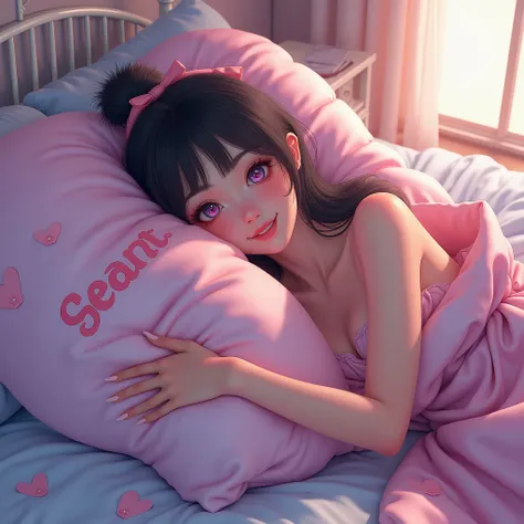 ExtremelyDetailed KAWAII BISHOUJO on  bed, hugging a large pillow with the words "SeaArt Infinity" ,  huge Oppai, GiganticCleavage, Nipples hidden Completely by the pillow, Haunting Beautiful Reflective Eyes, Glowing face, Giggly.                          ...