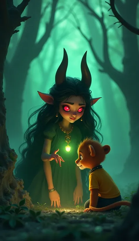 "Maya as a chudail, her red eyes softening as she explains her curse. Her long claws point to a glowing locket around her neck. The background is a mystical forest with a glowing green mist and eerie shadows. Kittu a male bby lion with yellow tshirt and bl...