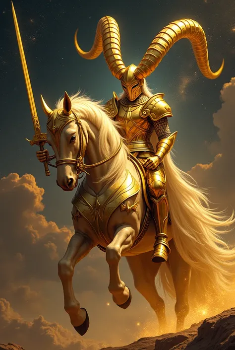  A knight inspired by the constellation Capricorn ,  in golden armor with details of a mountain goat ,  like curved horns and sharp shapes .  The armor shines brightly under the starry sky ,  with a cosmos in the background radiating energy .  The rider is...