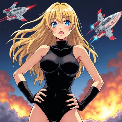 A striking blonde with exaggerated, expressive blue eyes dons a form-fitting black leotard as she confidently poses against a dynamic background of futuristic Japanese-style spacecraft, complete with vibrant, dramatic explosions and laser effects, in manga...