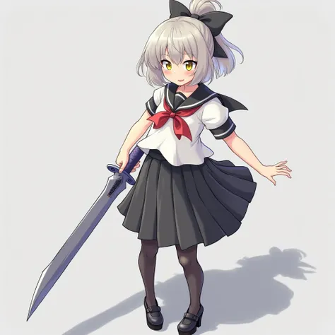 Teenage girl holding giant sword, Grayish blonde hair,  Tie Short Pony , Black Tie Bow ,  yellow eyes,  black sailor suit , White shirt, Short sleeve shirt,  Floating Waistcoat , Red Bow Shirt , Black skirt ,Black tights,  Black Student Shoes, High heels