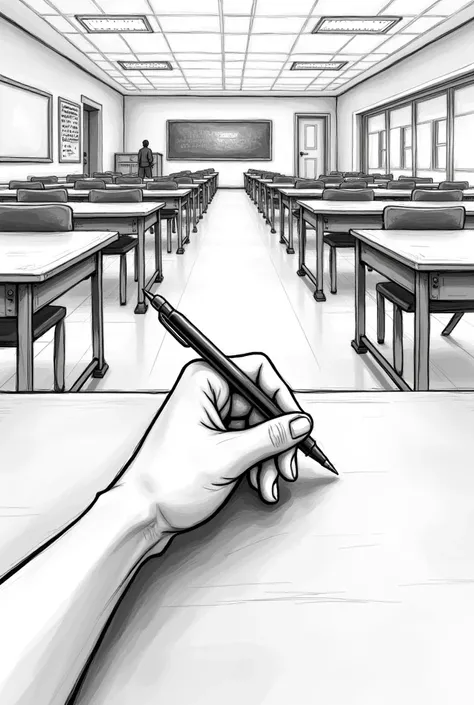 Hand holding pen on bench of wide angle of classroom perspective sketch 