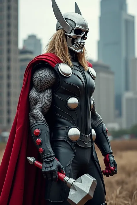 Imagine Thors strong muscular skull holding his mionir sledgehammer, clothing features but dark red and silver electronic Spiderman is without his mask . background city of l Texas futuristic sky gray sinister  