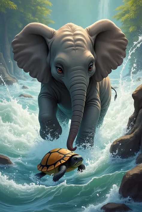 With a determined look, Moti the small elephant leaps into the fast-moving river, his massive legs creating a big splash. He extends his long trunk into the swirling waters, carefully gripping Monika, the struggling turtle, and lifts her out of the dangero...