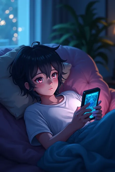 At night, a teenager is lying on the sofa and playing in the style of mobile anime