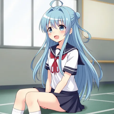  best quality、excellent、High school girl、Beautiful Hair、Light blue hair、Beautiful Hair、 long hair、 high school uniform 、Boys Room 、 gym sitting 、 white socks 、 low angle 、 Cunning、Scheming、Feeling sexually aroused by boys、 animated illustration style