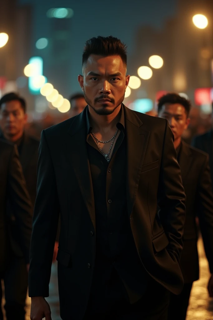 A handsome Indonesian mafia boss, is walking coolly with a bunch of mafia, wearing cool black clothes, Undercut hair is combed neatly, night road background, real photo, professional photo, clear photo, realistic photo, full HD, 4k 