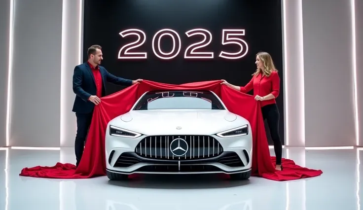 captivating image of a [ 2025 Mercedes Benz E class ] white colour taking a center stage in a luxurious white showroom.The futuristic, vibrant ( white )exterior gleams , showcasing its sleek aerodynamic design and bold accents ,the words  2025 Mercedes Ben...