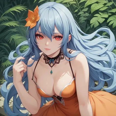  score_9, score_8_up, score_7_up, score_6_up, score_5_up, score_4_up, 1girl, blue hair, long hair, red eyes, orange dress, hair flower