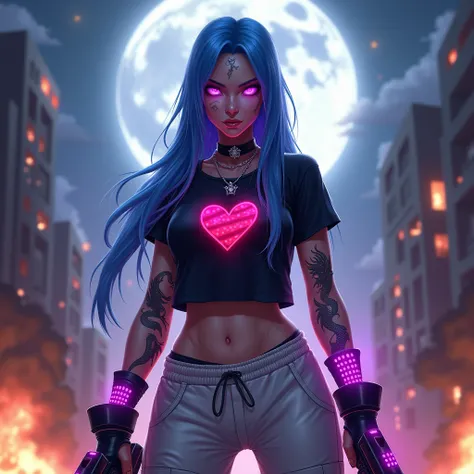 Beautiful adult jinx from league of legends. Realistic. Pink glowing eyes. Holding a rocket launcher. Explosions in the background. Moon necklace. Wearing white sweatpants with a black t shirt. Purple glowing dragon tattoos on arms. Very long blue straight...