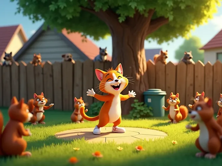 Disney pixar animation style, A whimsical outdoor scene where the cat tap dances for a group of animals in a neighborhood. Dogs peek over a wooden fence, wagging their tails and barking happily. Squirrels drum on trash can lids, and birds flap their wings ...