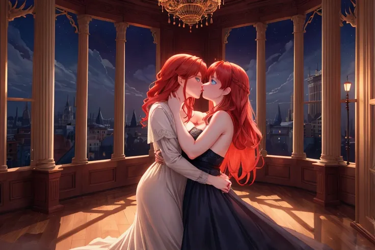 redheaded girl with blue eyes hugging a wolf affectionately, kissing its nose, in a wooden room with corinthian columns, window, night time, lamp, ultra-realistic, cinematic lighting, dramatic composition, vivid colors, intricate details, photorealistic, m...