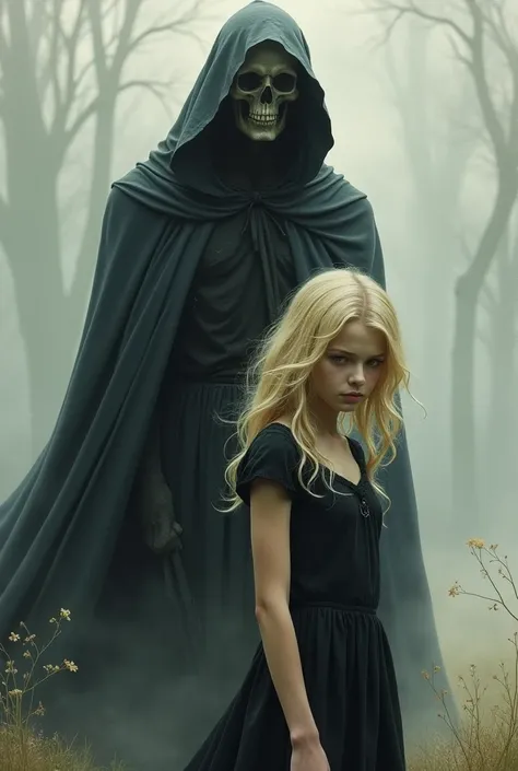 Dark romantic picture of a young woman with blonde hair,the grim reaper watches her from behind,water color art style