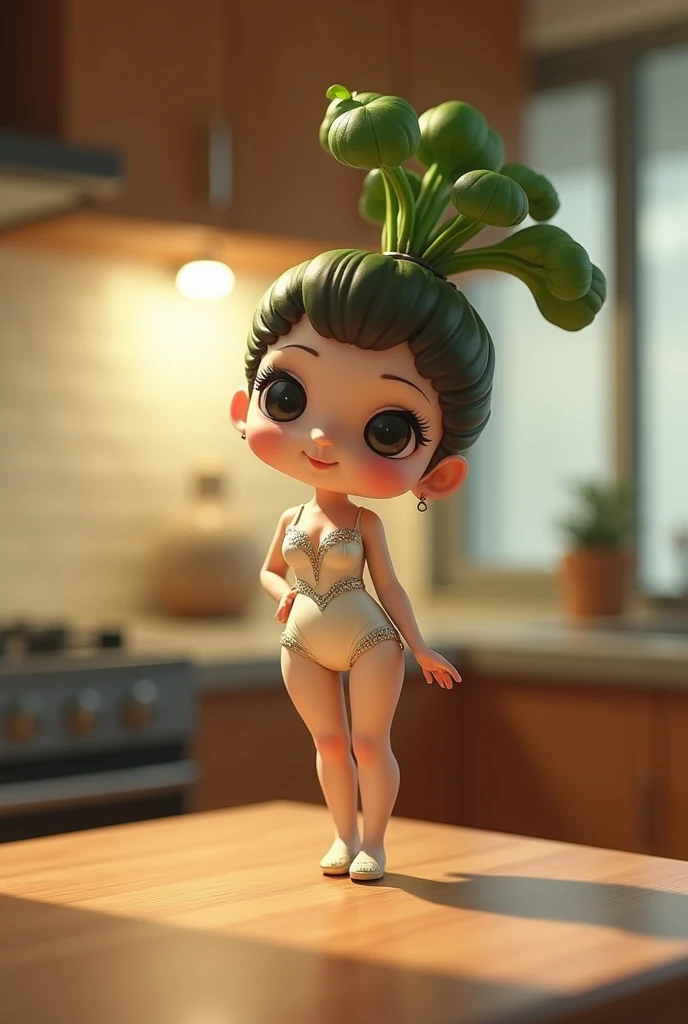 ultra-small deformation, Chibi Cute, An anthropomorphic white sexy Daikon lady Shaped like a human fashion model is standing on the table in the kitchen.