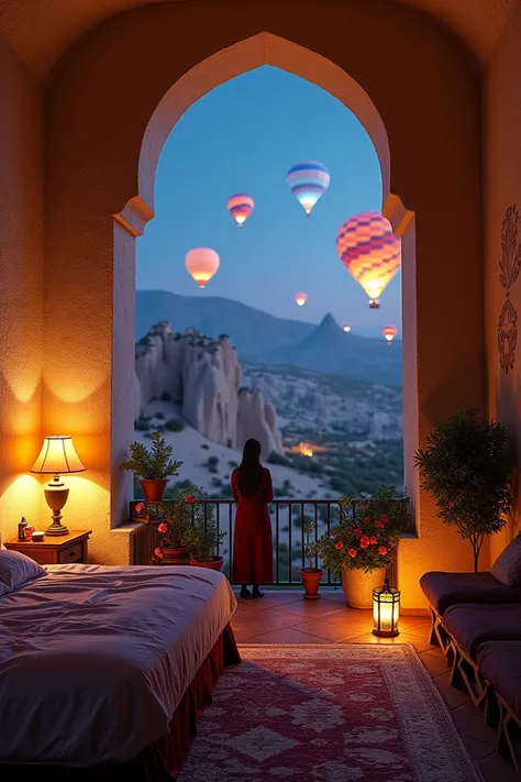 Hotel room in Cappadocia with balcony landscape at night