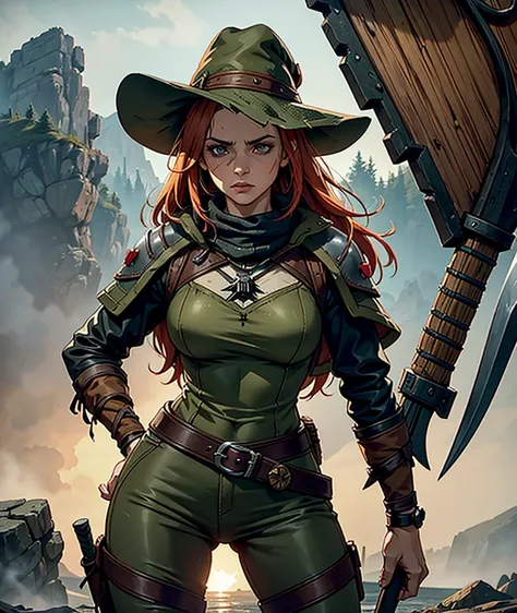 Witcher woman with an primitive cloths design in a post-apocalyptic world.  The outfit is predominantly brown and green.  The outfit broken and primitive.  A witcher hat.  Her shapes fill her outfit.  She take in her hands a pretty axe.  In the background ...