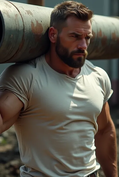  Muscular man wearing white t-shirt,  is shouldering the iron pipe . The position of the object below ,  the upper area of the image is wider .