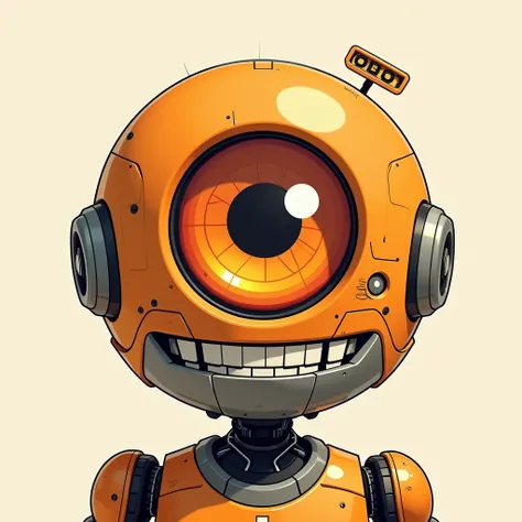  mascot one eye orange color look face only  with write on OBOT  like robot big one