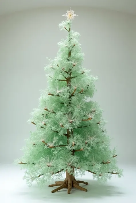 A christmas tree made with lace or net materials by a help of skeletal structure made with wood  a green color tree with white decorations 