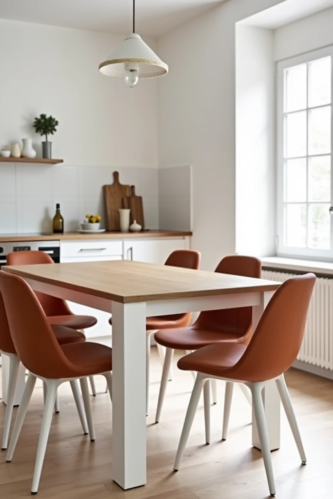 Une table dans une cuisine avec des pieds carré blancs et une surface en chêne avec 4 chaises style scandinave en couleur terracotta 