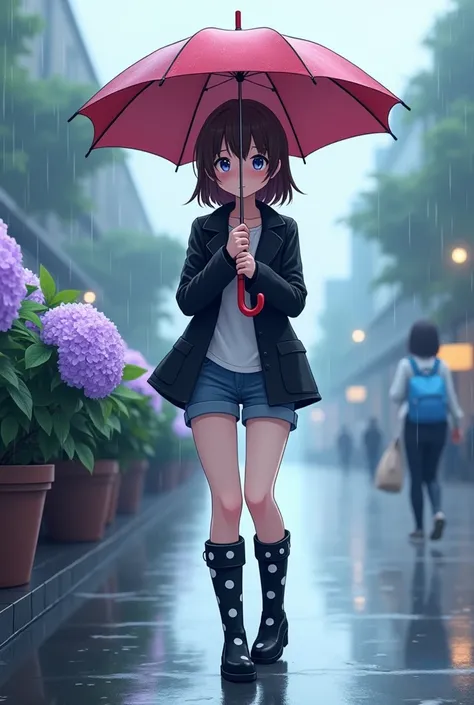 , cute anime style, Super cute beautiful girl anime, super cute girl, high quality, Best quality, cute, kawaii, wide roll up denim shorts, tights, black coat, knee_ rain boots, knee_long boots, rain boots, black boots with white polka dots, School route wi...