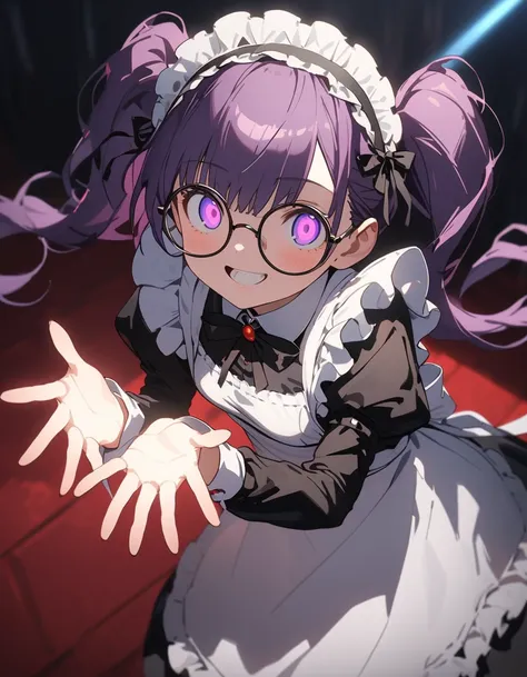 Long purple hair ,  wear maid clothes , round glasses, Front Light ,Cute 2D, Front lighting 、( for a woman with bristles、masterpiece、 high definition 、 Details)、animeスタイル、 Flat Style 、(Shining Eyes、 Details美しい顔),  1 girl、extremely  Details、(The Shining),  ...