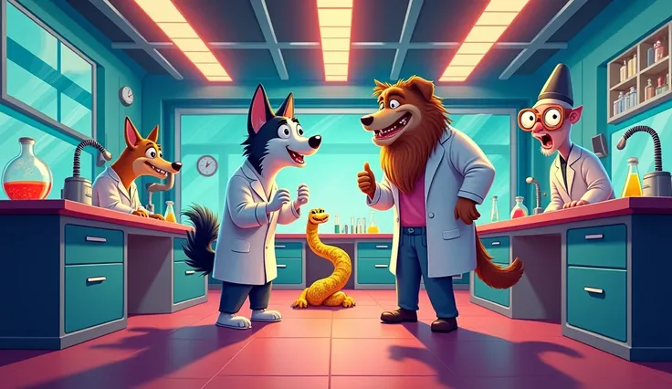 a cartoon cat( white and black haired) ,a big cartoon bulldog (light brown haired) ,a cartoon sly snake ( yellow) and a cartoon old wise owl ( professor ) are fighting lab cartoon workers inside a laboratory 
