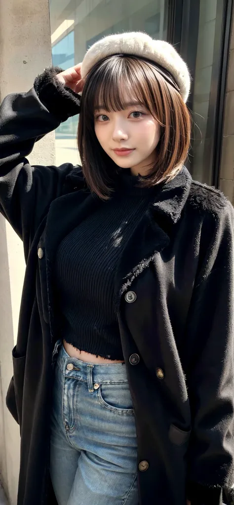 With bangs,Beautiful black hair,Woman with straight medium bob cut,,,2 female,(((No hat))),Aspacarina,((Shy expression)),huge breasts,,Very beautiful eyes, ,(((Wearing a tattered black coat))),short denim, (make:1.4),Big eyes,Hip Hop Dancer,Gangster style ...