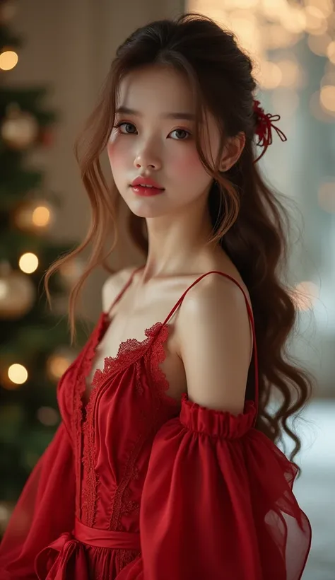 Beautiful white girl with brown hair wearing red Christmas dress