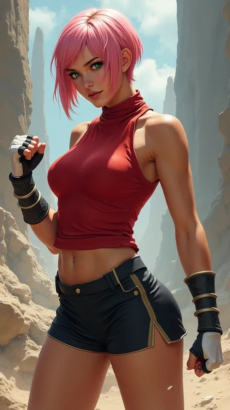 This is a digital painting in a highly detailed, hyper-realistic style a fierce female fighter with short pink hair styled in sleek layers, emerald green eyes, clad in a sleeveless red tunic with black shorts and white gloves, standing in a rocky battlefie...