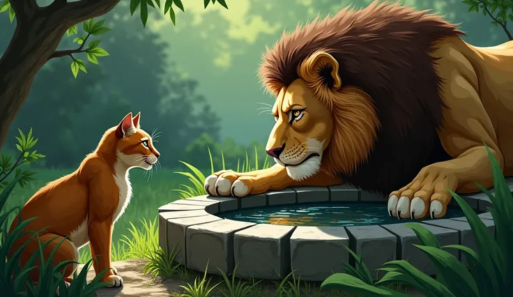 "A sly, clever cat leading an angry lion to an old stone well in the jungle, surrounded by grass. The lion looks down into the well with curiosity while the cat watches from the side with a mischievous expression."