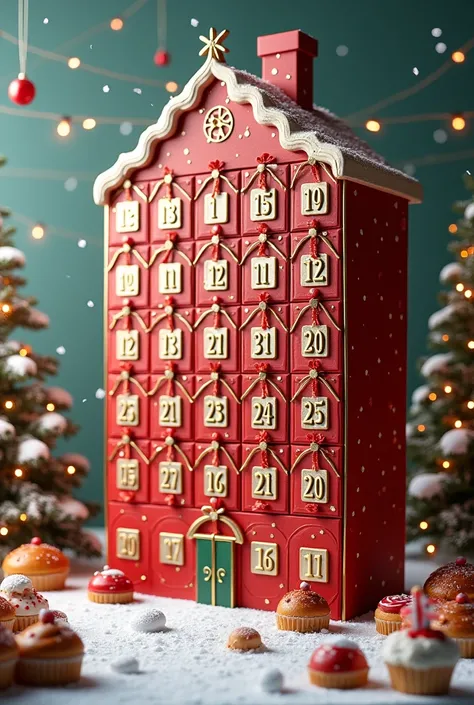 Giant advance calendar , with boxes numbered from 1 to 24,  in a Christmas decor with snow and bakery items 