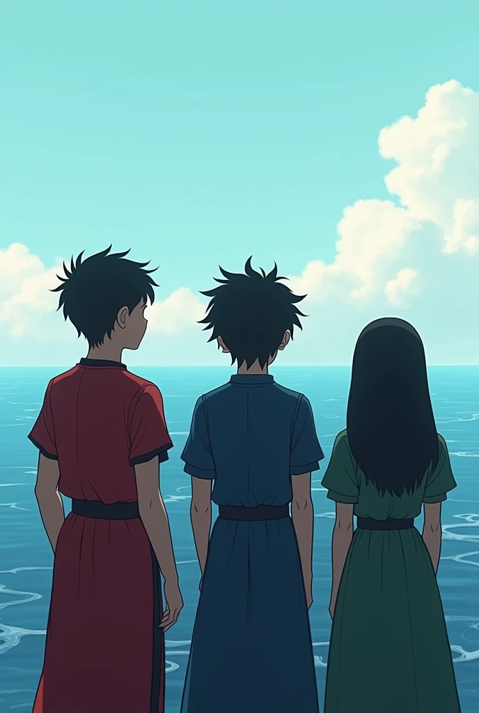  Create an anime-style image of 3 silhouettes looking out to sea of 3 young people wearing clothes from an old fantasy story ,one wearing red clothes  , another blue and one green 