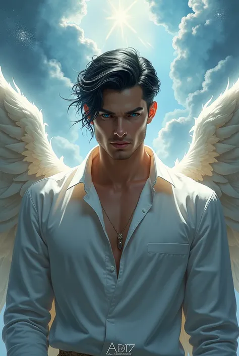 Create an angel man with black hair and blue eyes 