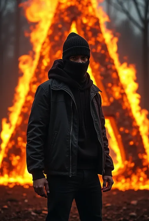 Young man wearing a balaclava and the letter A with fire
