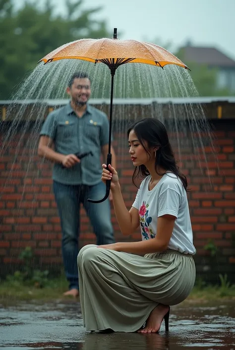 scene of a beautiful woman, shady face, wear abstract patterns tshirt and long pleated skirt, crouch down,  holding open umbrella ,   brick fence behind this woman . A man, Clean Face, 20 year old behind fence ,  watering her from above with a flower sprin...