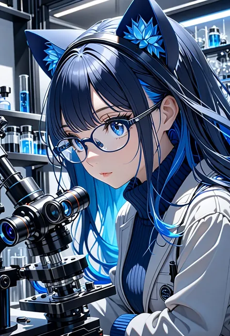 8K Ultra High-Quality, ultra-detailed, High quality, dark blue hair, Blue inner layer hair, blue eyes, long hair, Cat ears, glasses, gloves, turtle neck sweater, opened jacket, close up, side view, looking away from viewer, using a microscope, laboratory