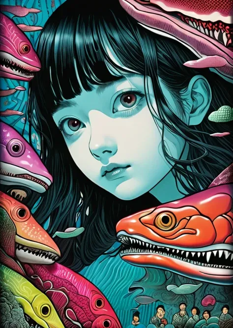 illust、art、directed by Junji Ito、high detail, realsitic shadow、Analog style, chromatic aberration, surrealism