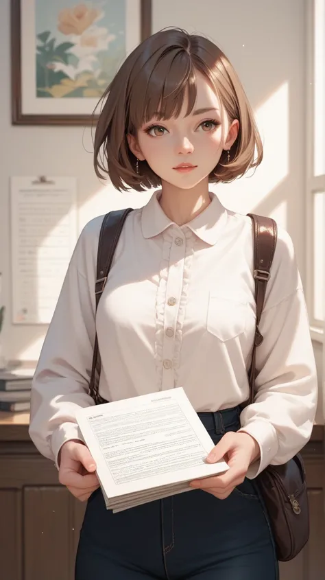 Brown haired girl, short bob,White Board,Holding with both hands, Im wearing 