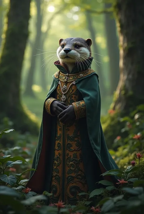  Make a coup card where the otter will be the countess.  It must appear alone in the image . And in the background it must contain the forest 
Be realist 