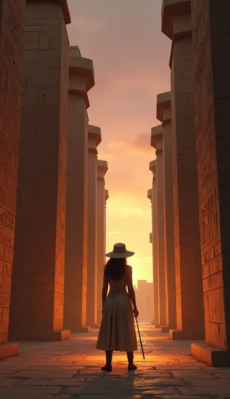 Render an image of Karnak Temple at dusk, with soft lighting highlighting its colossal pillars and hieroglyphics. Include British female archaeologist Dr. Elara Carter wears a classic explorer outfit with a wide-brimmed hat, examining inscriptions with her...