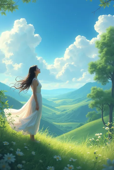 create a woman in a beautiful landscape looking up with hope, photo realist, perfect quality 