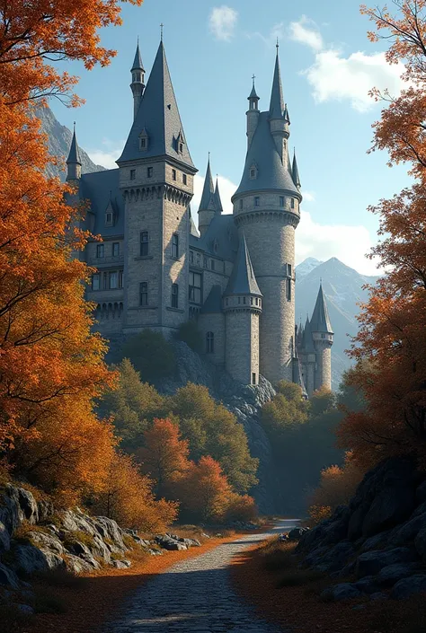 "A stone castle with pointed spires, nestled in a dense forest of autumn trees with orange, yellow, and brown leaves. The castle is partially hidden by the trees, and the sky is clear blue. Photorealistic style, high detail, realistic textures on the stone...