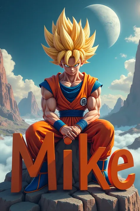 realistic super sayan gokou, facing frontview, sits on a 3D that spells out MIKE. The background is a mountains and planets, and the overall tone of the image is vibrant and modern., anime, photo, poster, fashion, portrait photography